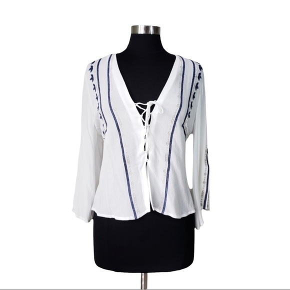LUSH Nordstrom Embroidered Lace Up White Blouse - Picture 1 of 6